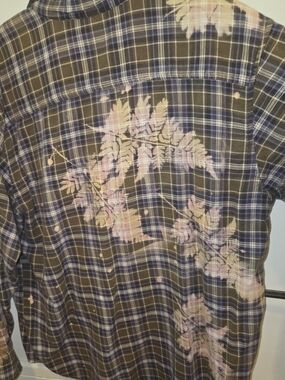 Bleach Painted Flannel Shirt with Pink Floral Print